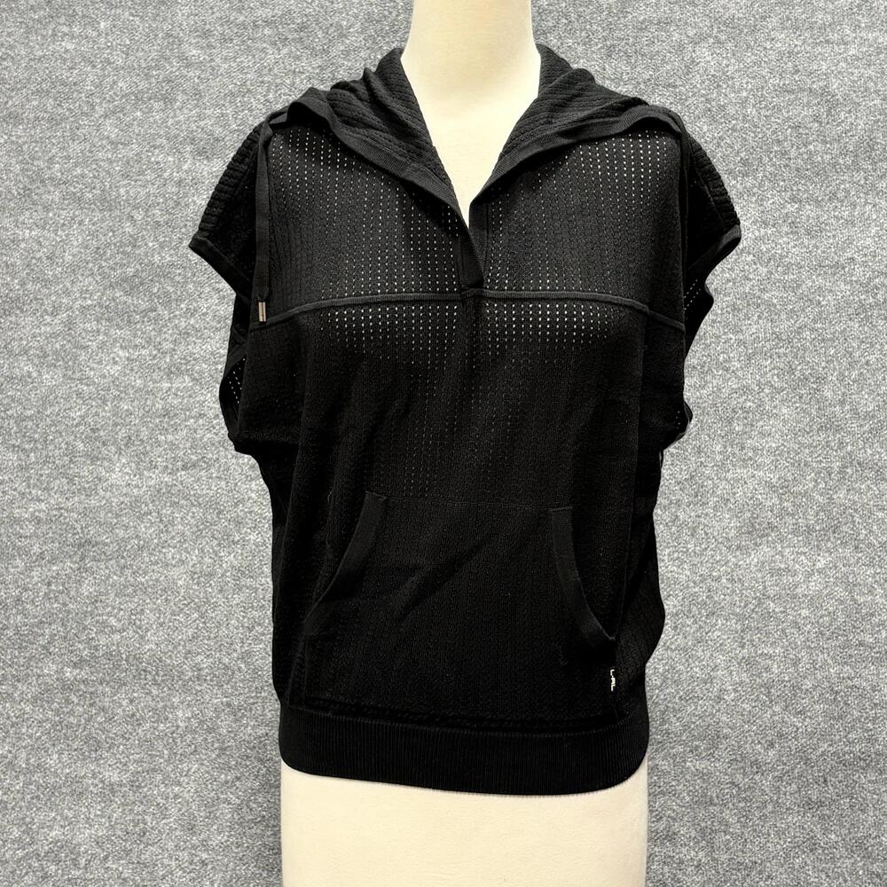 Lauren Ralph Lauren Sweater Womens Small Black Hooded Pullover V Neck Open Knit
